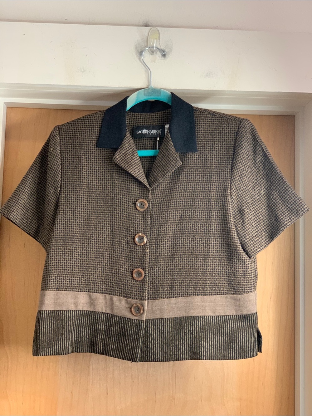 Sag Harbor Petite Brown Plaid Short-Sleeve Button Front Blazer Size-8 Earthy
